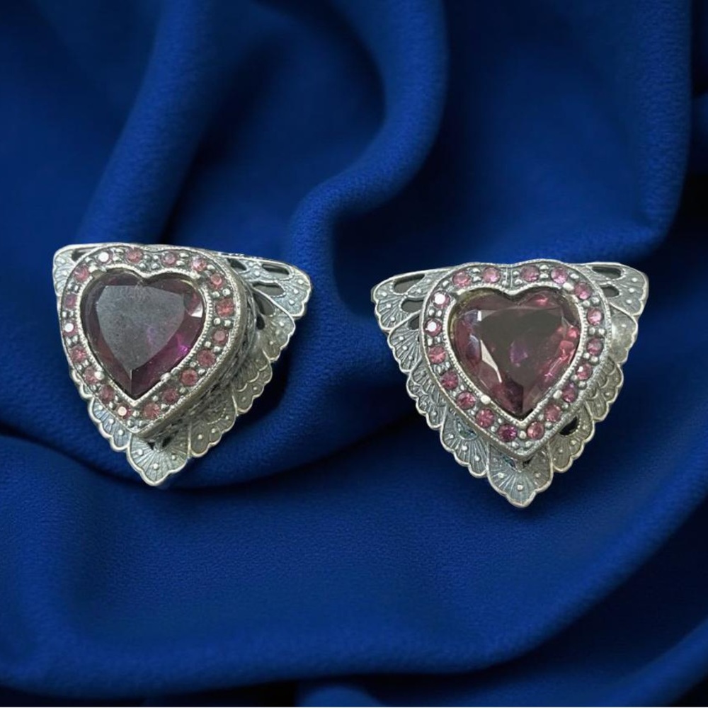 🆕 BANANA BOB Vintage Heart Pink Crystal Art Nouveau Silver Clip-On Earrings